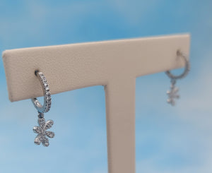 Thin CZ Huggie with Flower Dangle - Sterling Silver