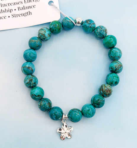 Turquoise w/ Flower Charm Beaded Bracelet - Elena Michele