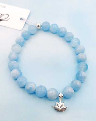 Aquamarine w/ Lotus Charm Beaded Bracelet - Elena Michele