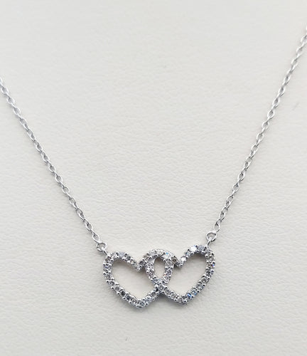 Double Diamond Heart Necklace - 14K White Gold