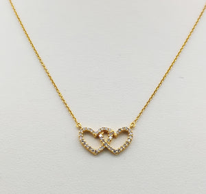 Double Diamond Heart Necklace - 14K Yellow Gold