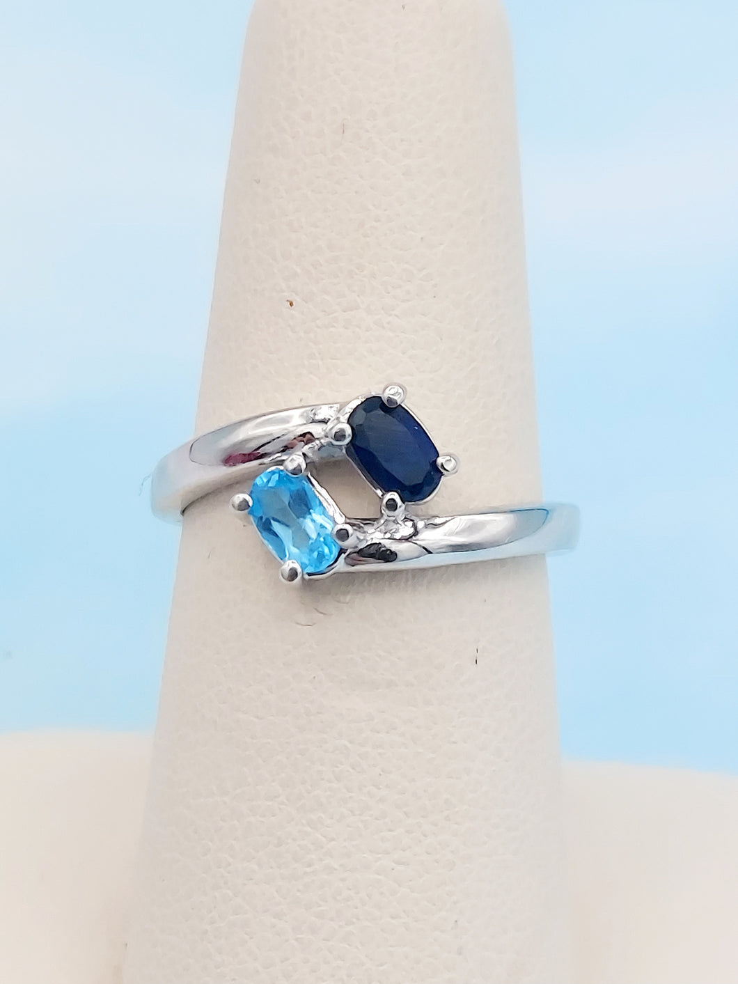 Swiss Blue Topaz & Sapphire Birthstone Ring - 14K White Gold - Marie's Custom Design