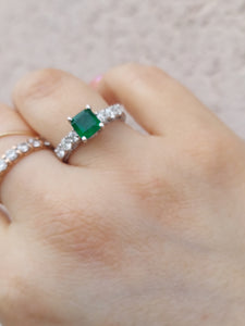 Princess Cut Emerald Stone and Diamond Ring with Vintage Setting - 14K White Gold
