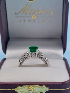 Princess Cut Emerald Stone and Diamond Ring with Vintage Setting - 14K White Gold