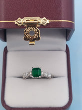 Load image into Gallery viewer, Princess Cut Emerald Stone and Diamond Ring with Vintage Setting - 14K White Gold