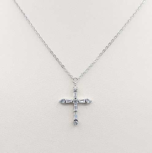 Baguette & CZ Cross Necklace - Sterling Silver