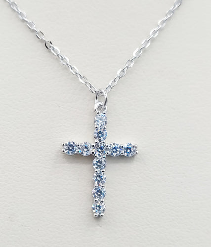 Clear CZ Cross Necklace - Sterling Silver