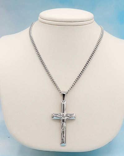 Crucifix Cross w/Cuban Chain - Sterling Silver