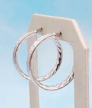 Load image into Gallery viewer, 1.25” Diamond Cut Design Hoops - 14K White Gold