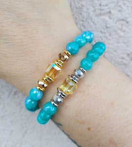 Yellow Crystal Charlotte on Bright Blue Amazonite Stretch Bracelet - Stash
