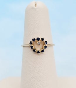 Sapphire and Diamond Heart Ring - 14K Gold Estate