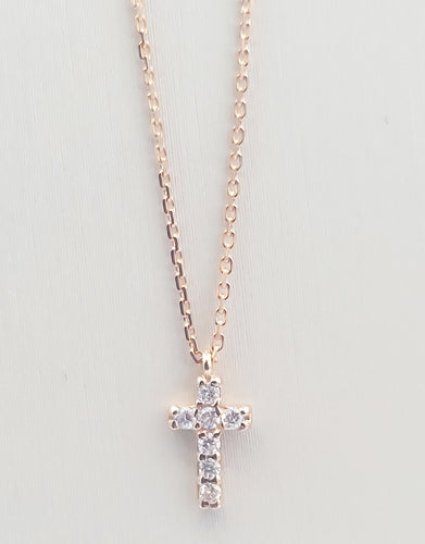 Mini Diamond Cross on Adjustable Necklace - 14K Rose Gold