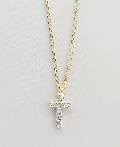 Mini Diamond Cross on Adjustable Necklace - 14K Yellow Gold