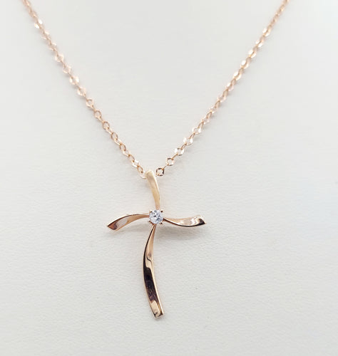 Rose Gold Cross with Diamond in Center - 14K Rose Gold