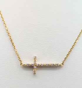 Double Sided Diamond Sideways Cross - 14K Yellow Gold