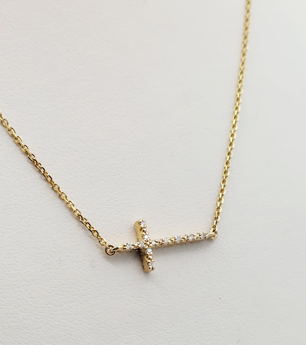 Double Sided Diamond Sideways Cross - 14K Yellow Gold