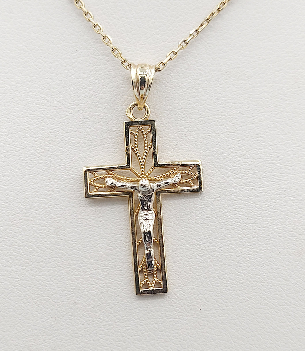 Crucifix Cross Pendant with Filigree - 14K Yellow & White Gold