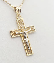 Load image into Gallery viewer, Crucifix Cross Pendant with Filigree - 14K Yellow &amp; White Gold