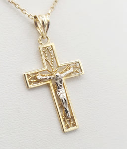 Crucifix Cross Pendant with Filigree - 14K Yellow & White Gold