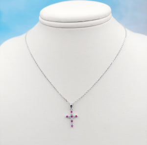 Ruby and Diamond Cross Necklace - 14K White Gold