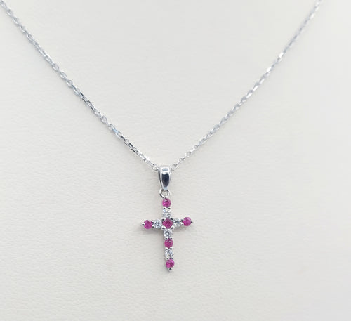 Ruby and Diamond Cross Necklace - 14K White Gold