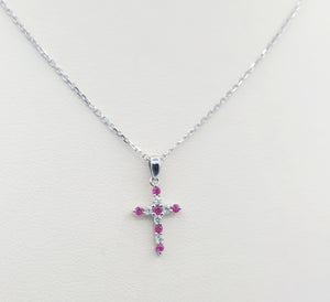 Ruby and Diamond Cross Necklace - 14K White Gold