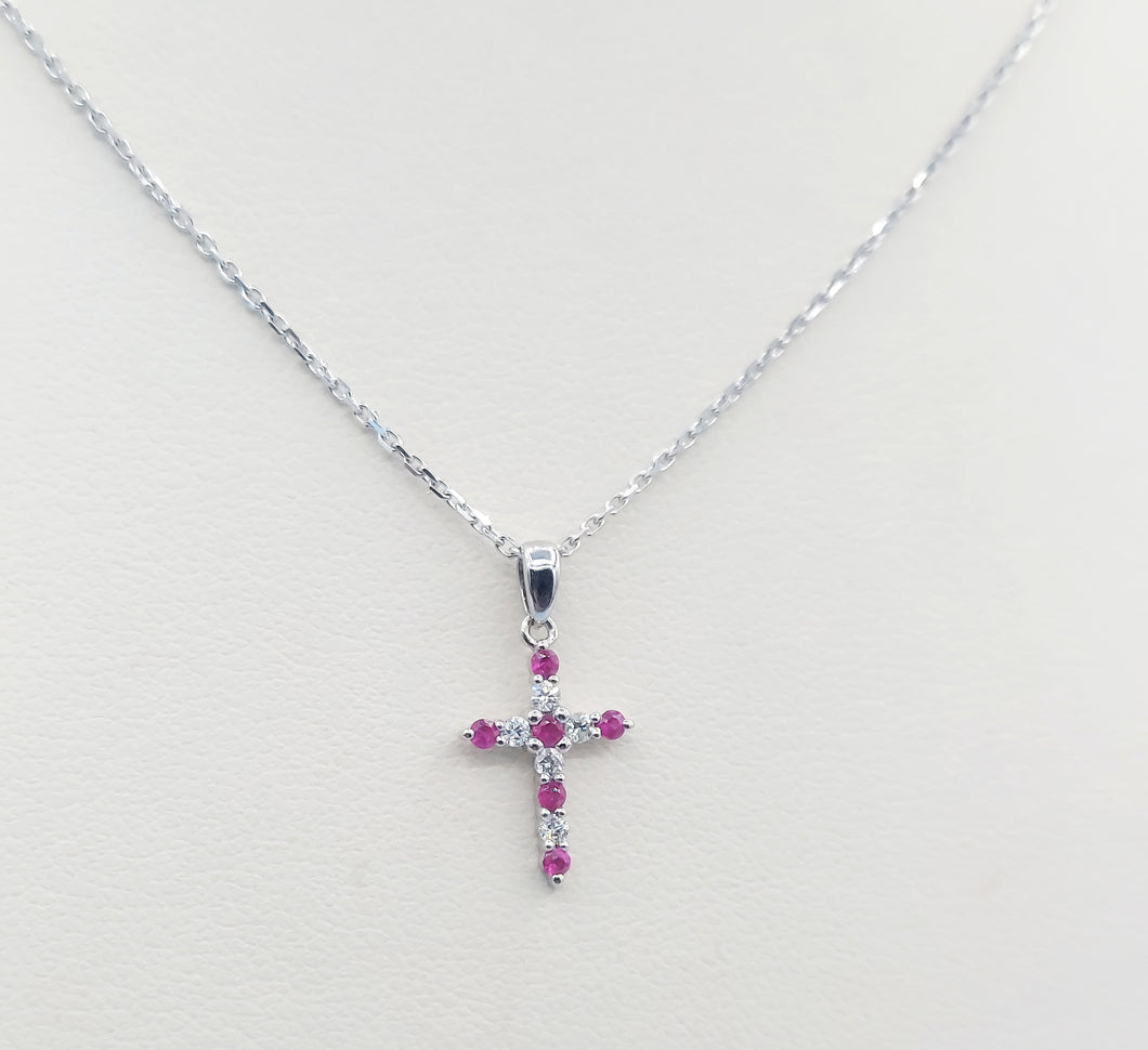 Ruby and Diamond Cross Necklace - 14K White Gold