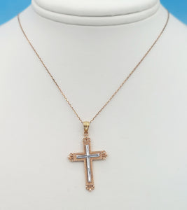 Rose & White Gold Cross on Rose Gold Cable Chain - 14K