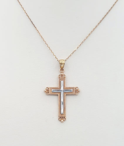 Rose & White Gold Cross on Rose Gold Cable Chain - 14K