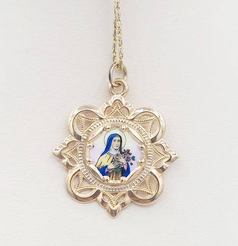 Enamel St. Theresa Medal - 10K White Gold