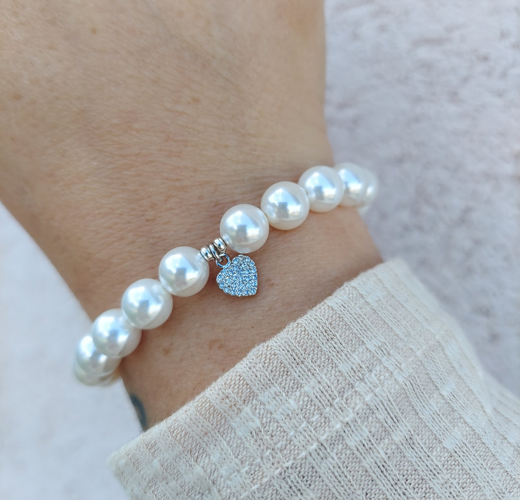 White Pearl with Silver Pave Heart Charm Beaded Bracelet - Elena Michele