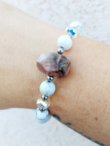 Rhodochrosite on Howlite Beaded Stretch Bracelet