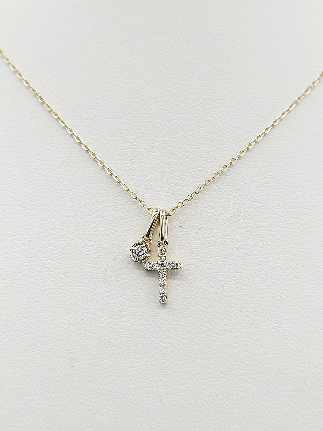 Diamond Cross Pendant & Chain with Diamond Charm - 14K Yellow Gold