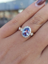 Load image into Gallery viewer, Oval Tanzanite Ring with Diamond Halo and Diamond Band - 14K Yellow Gold