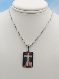 Cross Dog Tag Pendant on Rope Chain - Sterling Silver