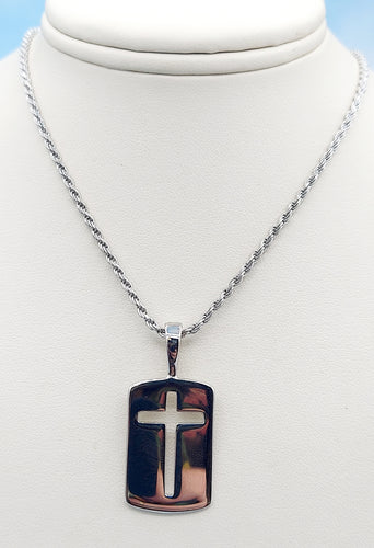 Cross Dog Tag Pendant on Rope Chain - Sterling Silver