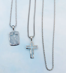 Cross Dog Tag Pendant on Rope Chain - Sterling Silver