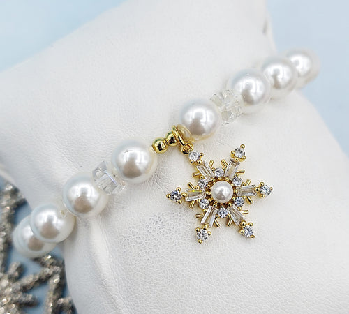 Pearl & Crystal Snowflake on Pearl Bracelet - Elena Michele & Marie's Exclusive