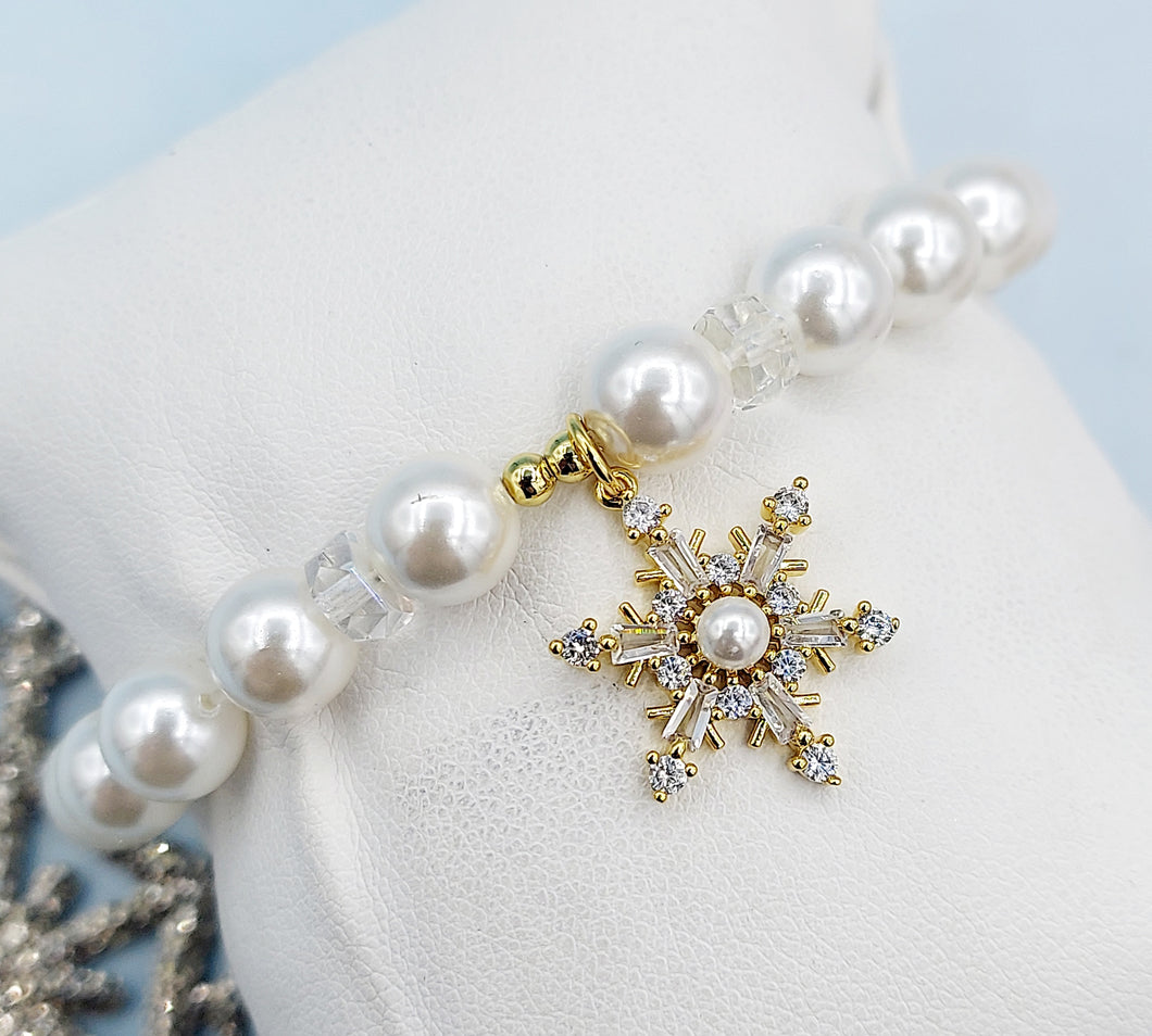 Pearl & Crystal Snowflake on Pearl Bracelet - Elena Michele & Marie's Exclusive