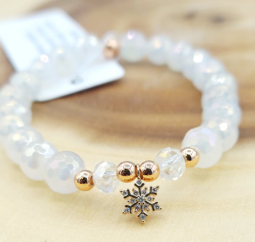 Rose Gold Snowflake on Mystic White Agate Bracelet - Elena Michele