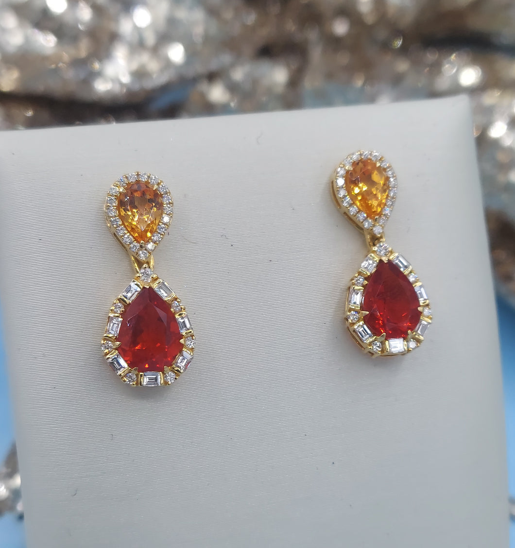 Mandarin Garnet, Fire Opal & Diamond Post Drop Earrings - 18K Yellow Gold