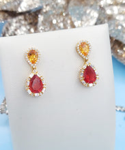 Load image into Gallery viewer, Mandarin Garnet, Fire Opal &amp; Diamond Post Drop Earrings - 18K Yellow Gold