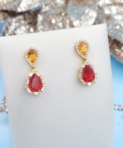 Mandarin Garnet, Fire Opal & Diamond Post Drop Earrings - 18K Yellow Gold