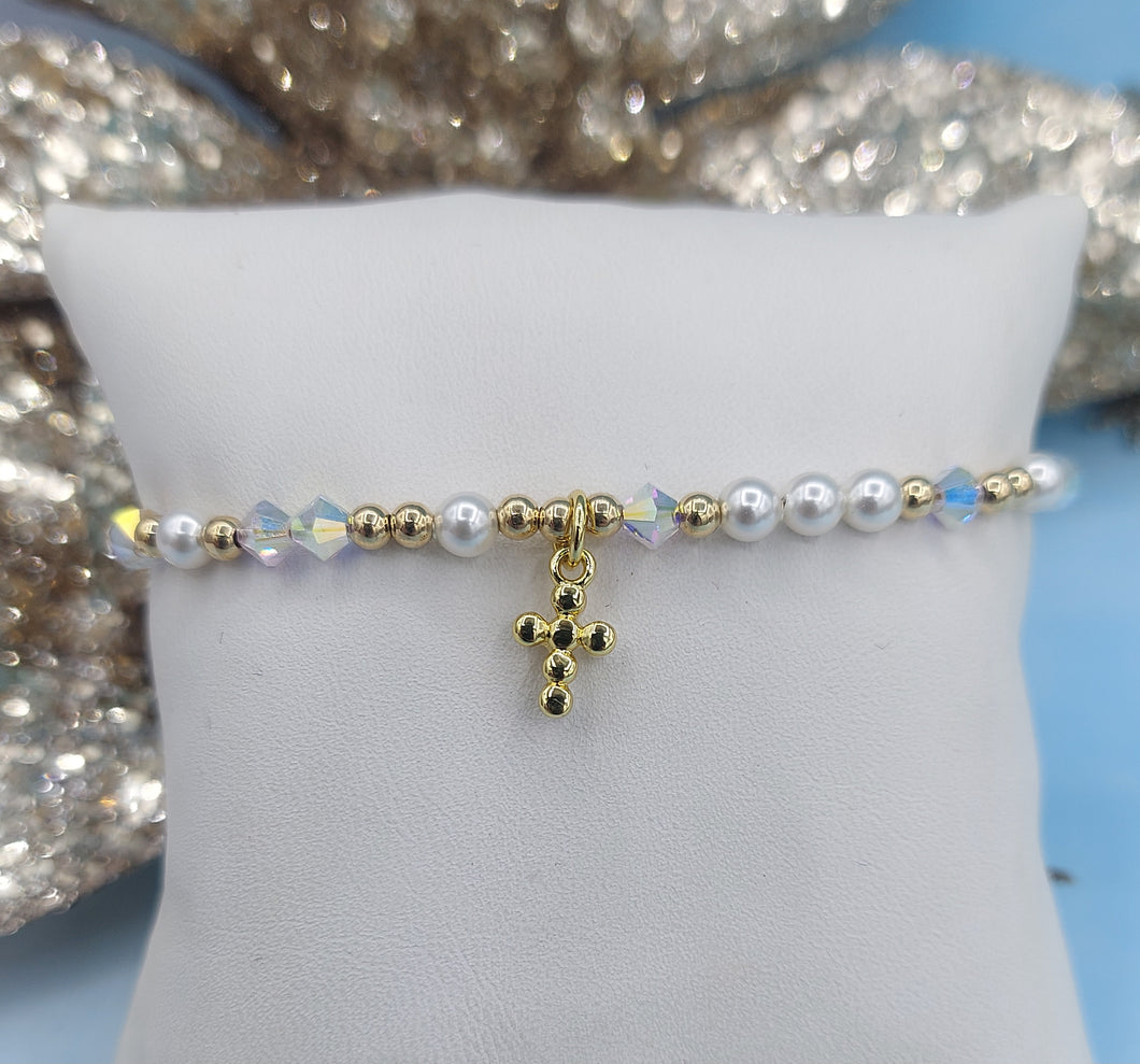 Mini Cross & Pearl & Crystal in Yellow Gold Filled - Our Whole Heart