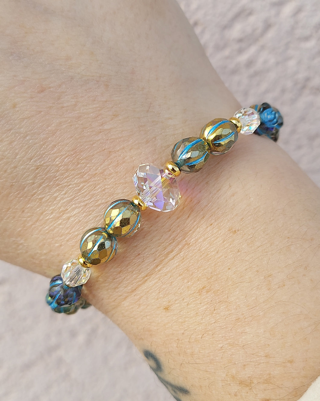 Blue Gold Melon Crystal with AB Crystal Center - Stash Beaded Bracelet