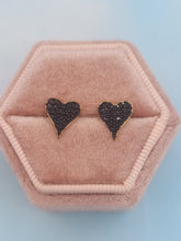 Load image into Gallery viewer, Black Pave Gold Plated Heart Stud Earrings