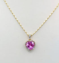 Load image into Gallery viewer, Pink Lab Created Sapphire &amp; Diamond Heart Necklace - 14K Yellow Gold