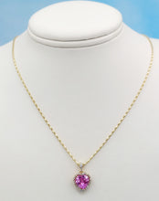 Load image into Gallery viewer, Pink Lab Created Sapphire &amp; Diamond Heart Necklace - 14K Yellow Gold