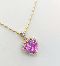 Load image into Gallery viewer, Pink Lab Created Sapphire &amp; Diamond Heart Necklace - 14K Yellow Gold