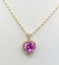 Load image into Gallery viewer, Pink Lab Created Sapphire &amp; Diamond Heart Necklace - 14K Yellow Gold